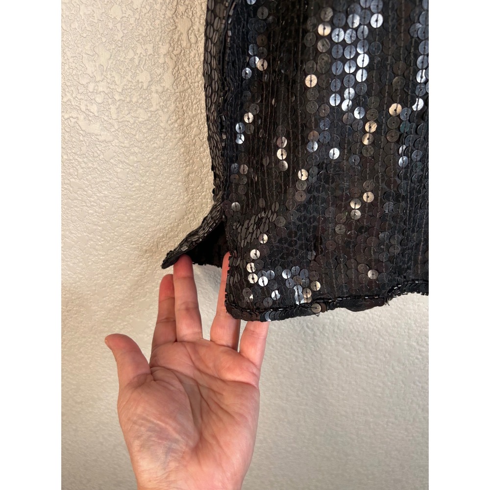 Vintage Women's Black Silver Sequin Silk Beaded Leaf Short Sleeve Top Size Large - Picture 5 of 6